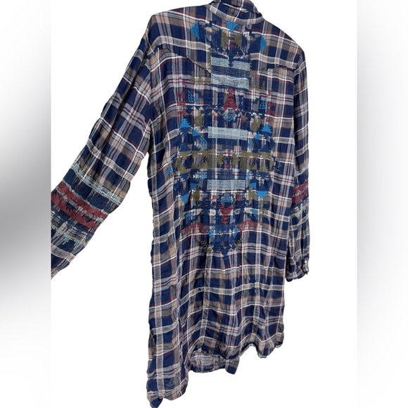 Johnny Was 3J Workshop long plaid embroidered lightweight button front shirt S - Picture 3 of 7